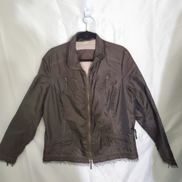 Brown Tulle Trim Moto Jacket Size XL Raw Edge Lined Retro Zipper Pockets Biker - Picture 15 of 15